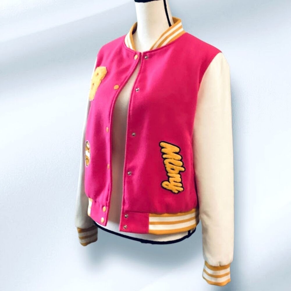 Daisy Women's Varsity Patch Casual Bomber Jacket in Pink/Multi  XL